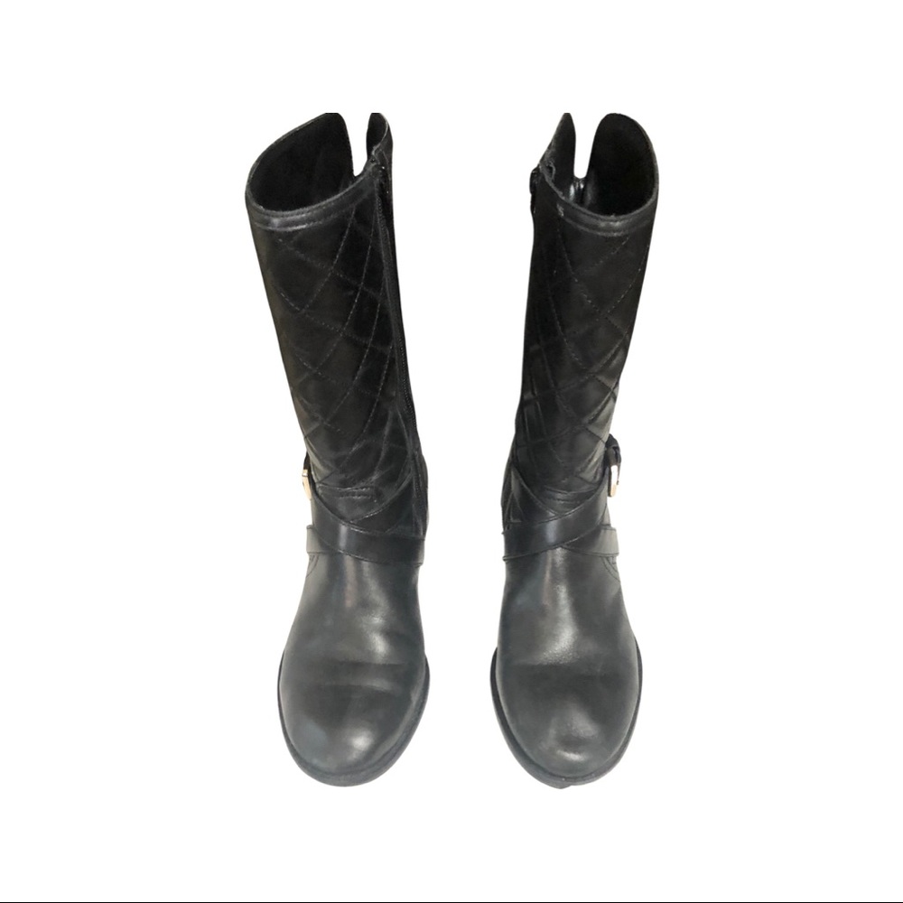 Talbots black leather quilted boots w/ gold buckle accents